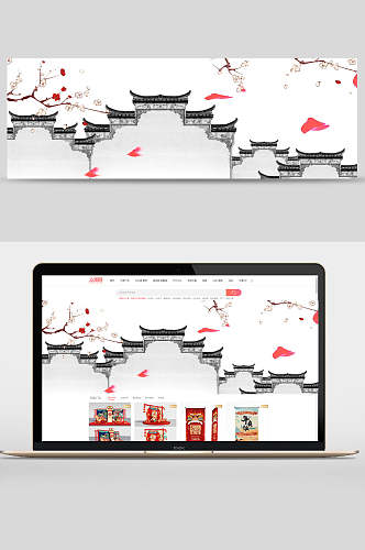 中国风建筑花朵banner背景素材