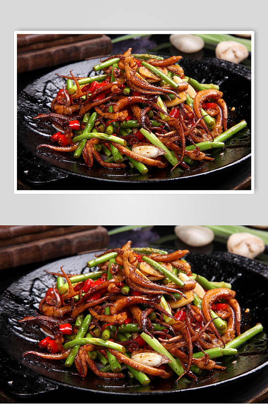 美味香辣铁板鱿鱼须食品摄影图片