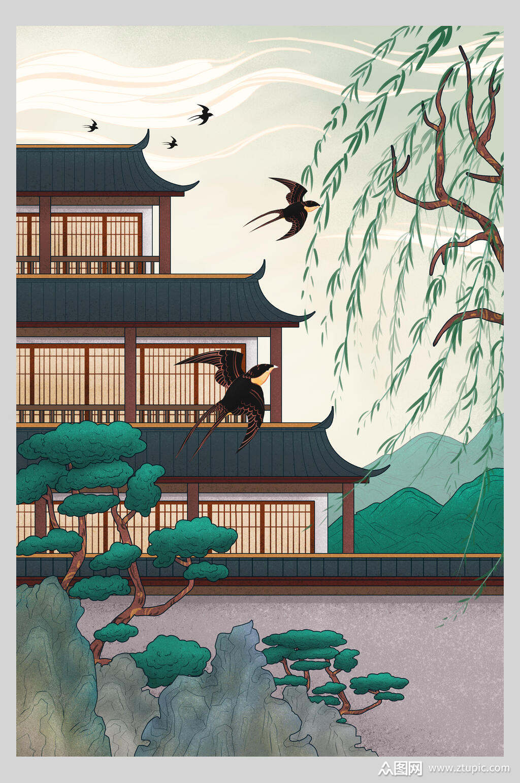 江南名胜古建筑国潮风插画素材模板下载-编号1634273-众图网