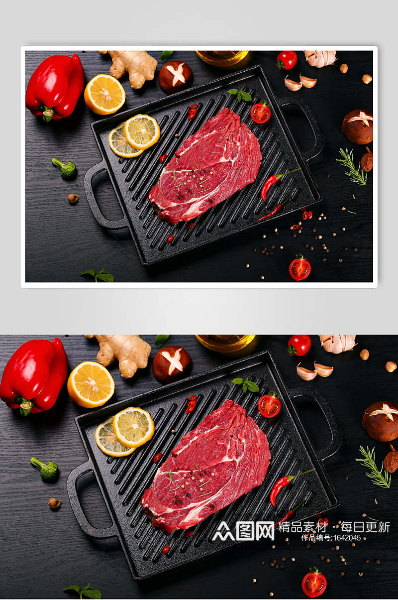 煎锅上的生牛肉牛排实拍图片素材
