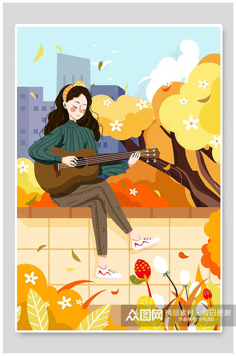 吉他女孩秋季人物插画素材