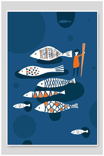 深蓝色海洋小鱼简笔插画设计