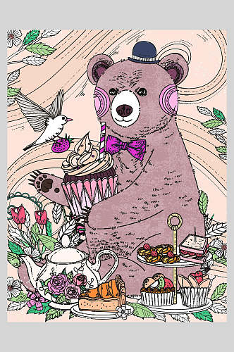 小熊野餐线描动植物插画