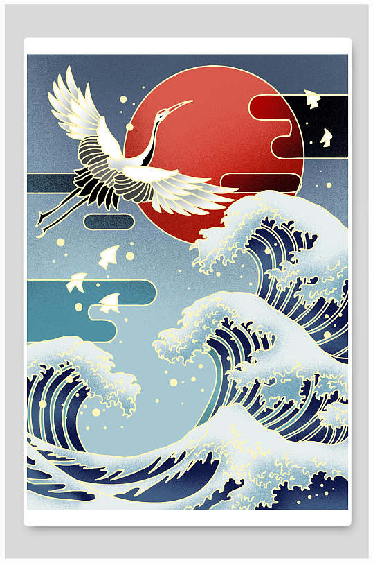仙鹤海浪国潮风海报设计素材