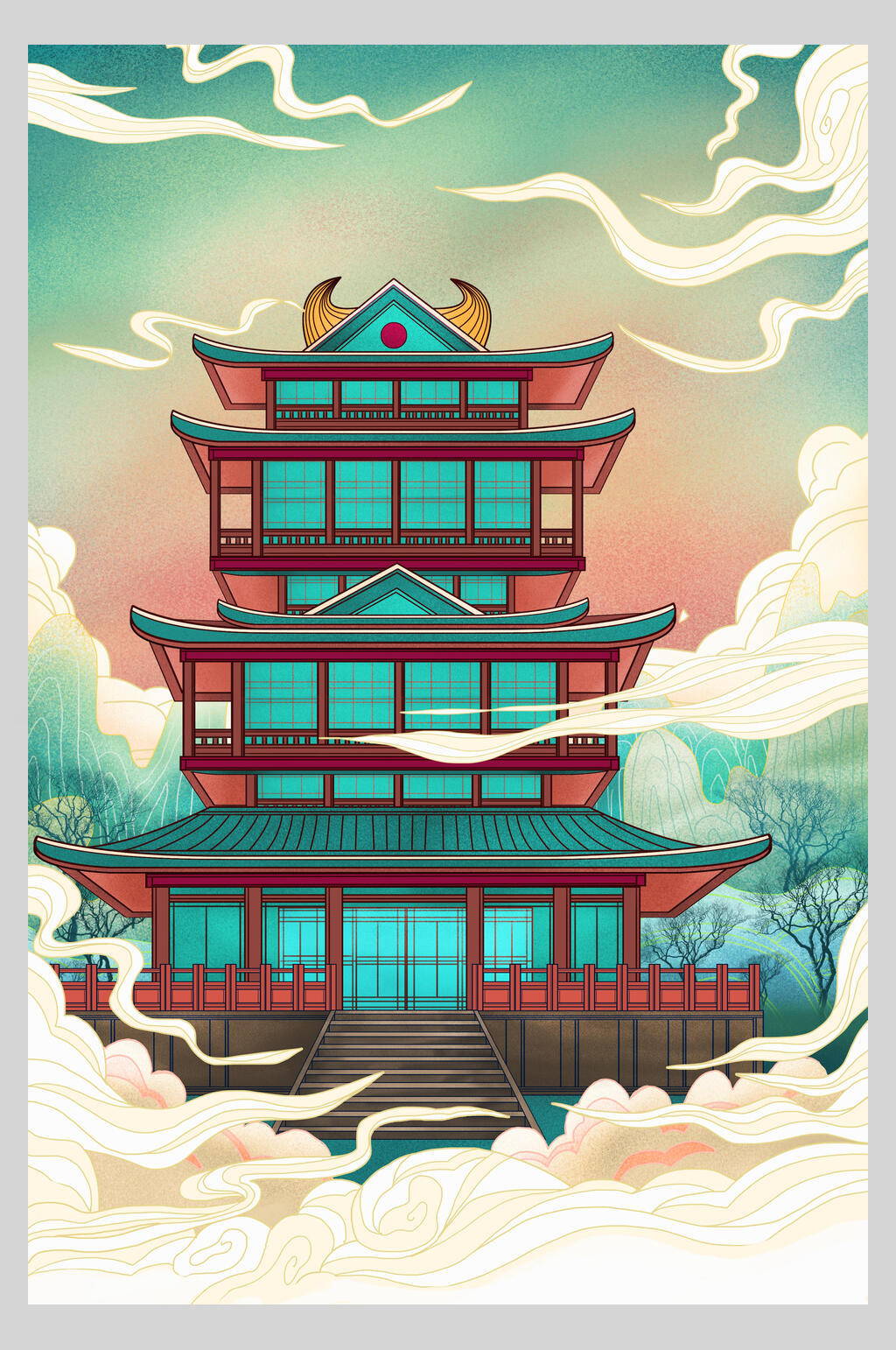 宫殿名胜古建筑国潮风插画素材素材
