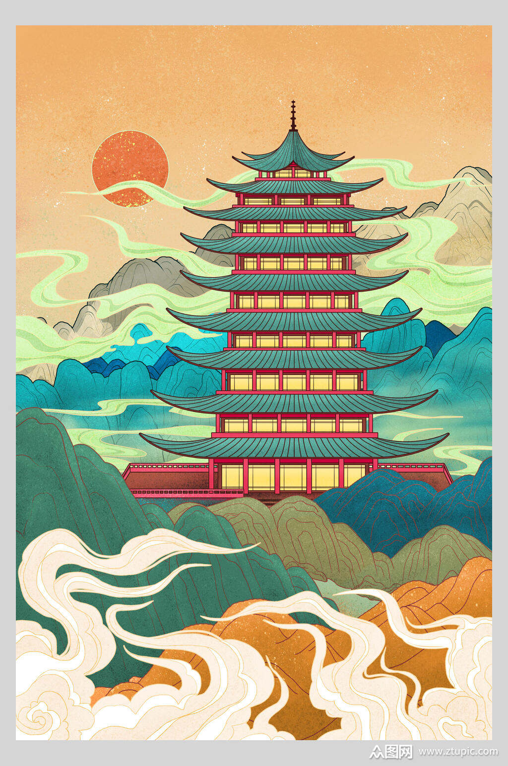 宫殿名胜古建筑国潮风插画素材