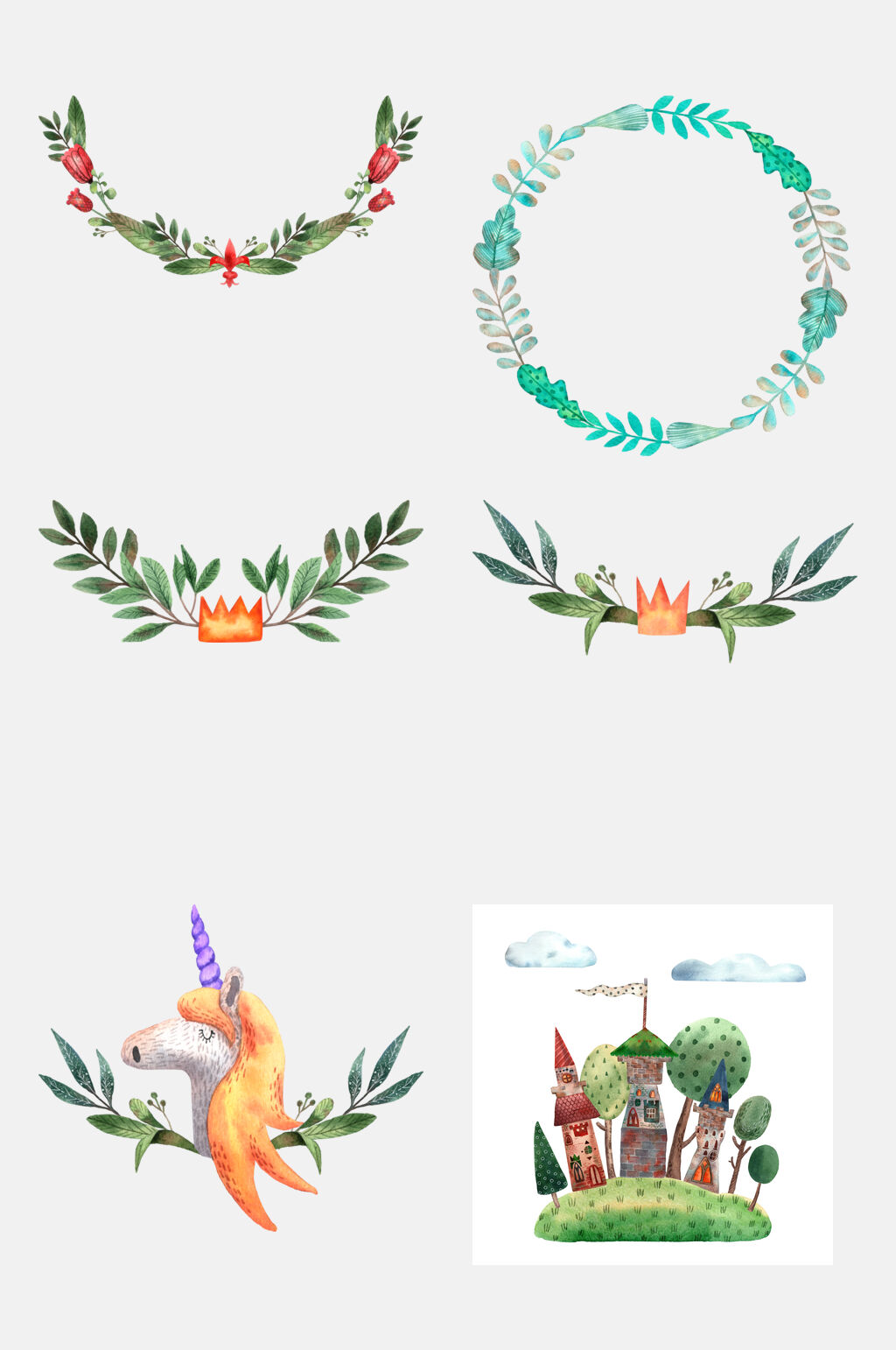 水彩花环花卉动物元素素材素材