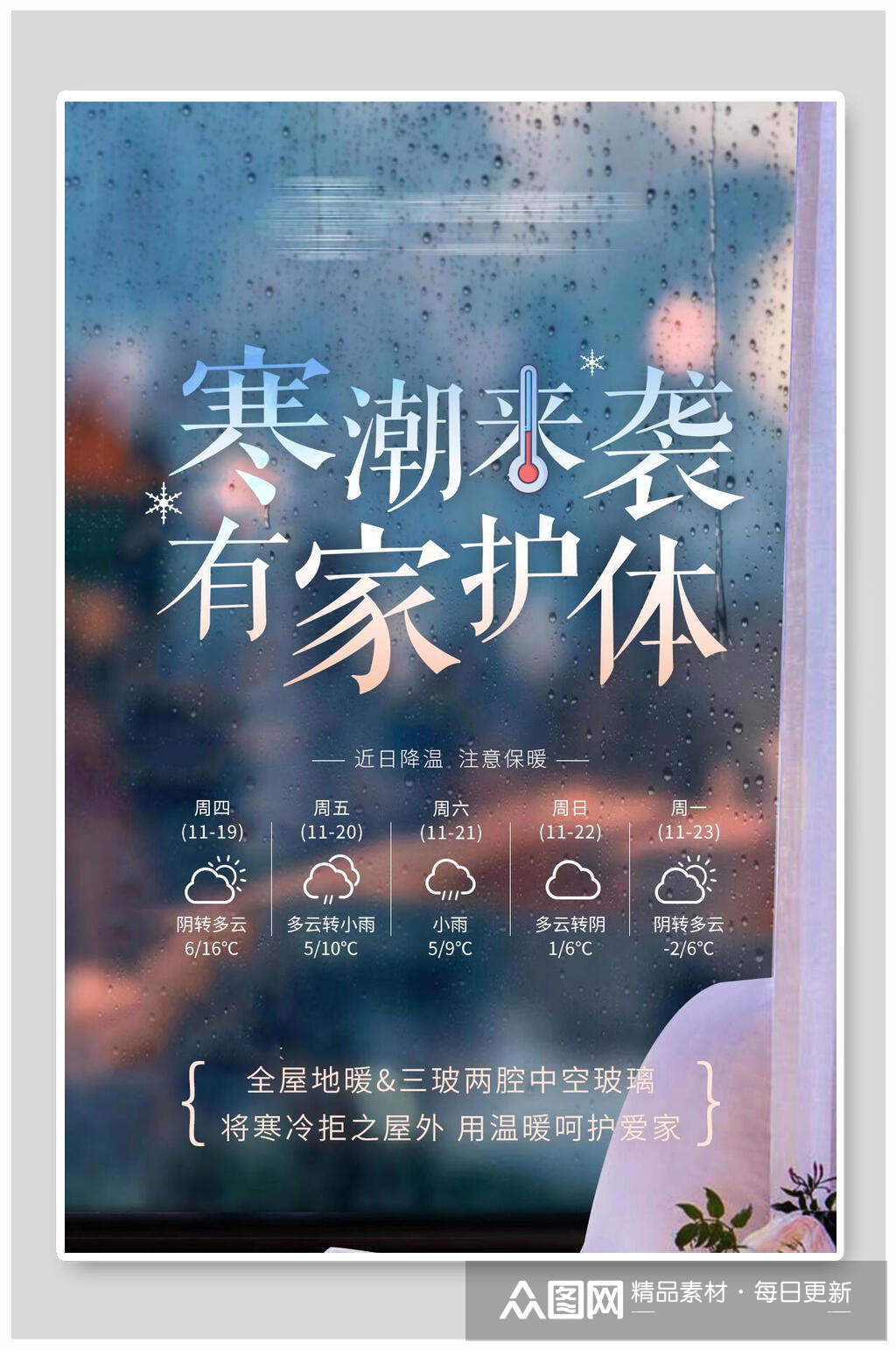 油墨画天气预报寒潮降温海报