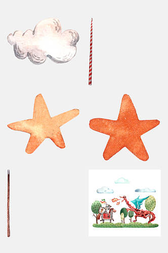 手绘画五角星水彩花卉动物元素素材
