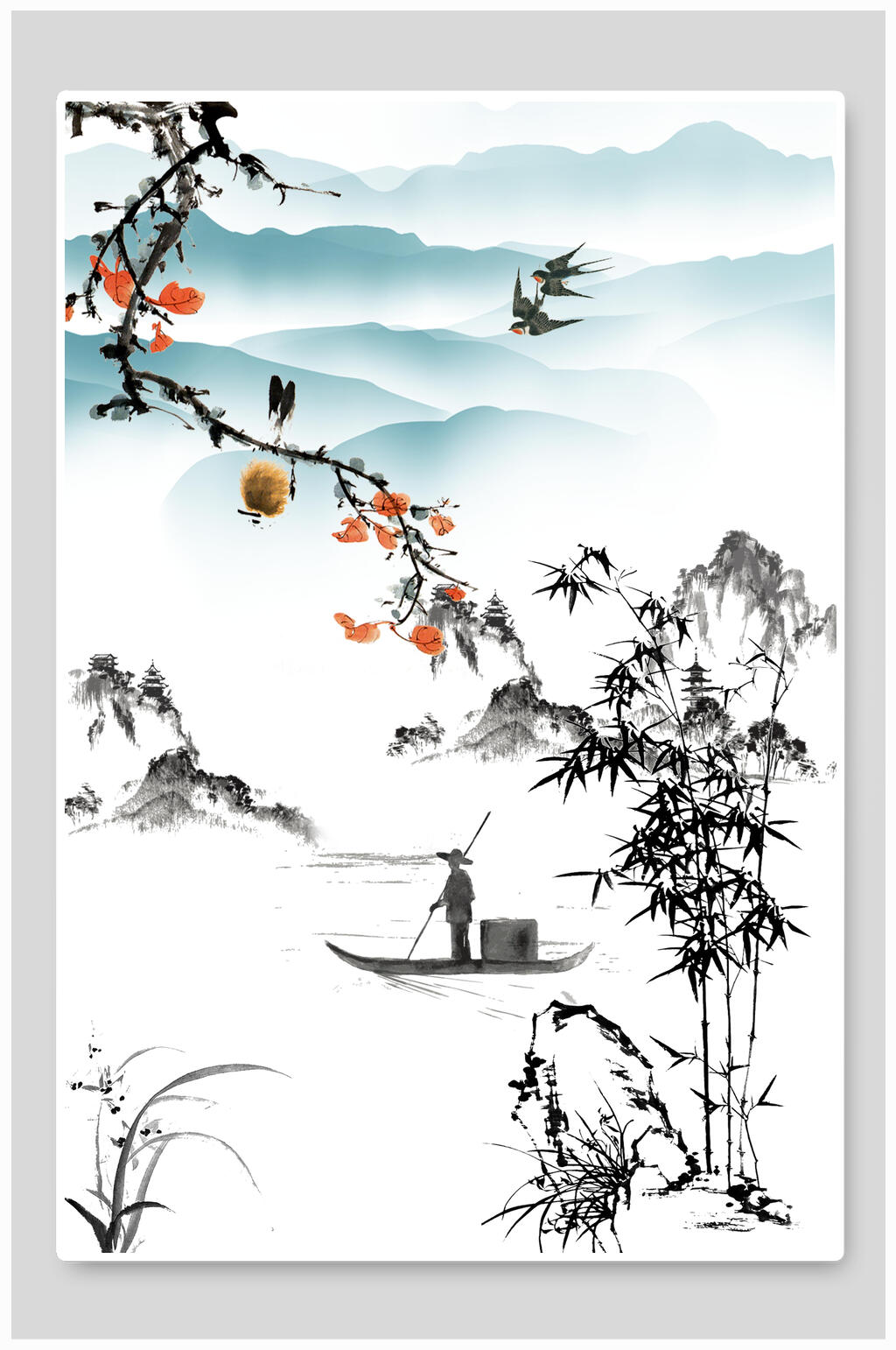 竹叶水墨中国风背景素材