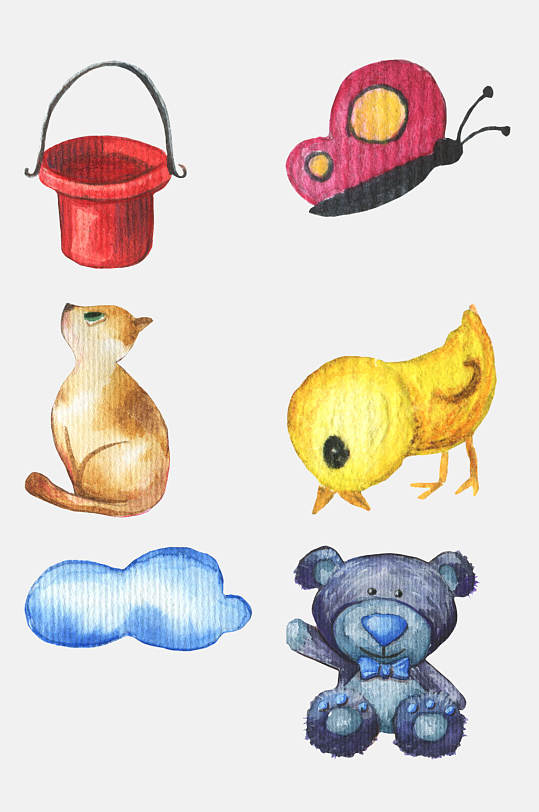 水彩手绘儿童玩具布娃娃元素素材