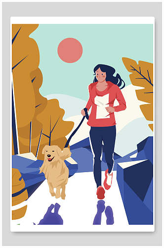 秋天风景手绘人物和狗狗跑步插画