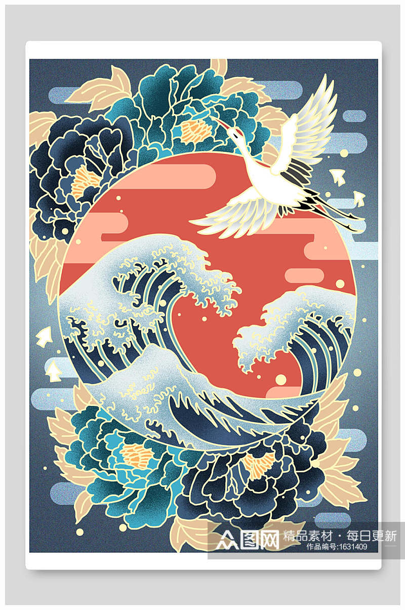 仙鹤海浪国潮风海报设计素材素材