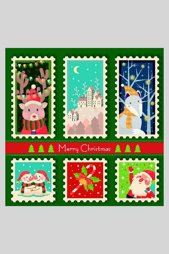 邮票圣诞节插画元素素材