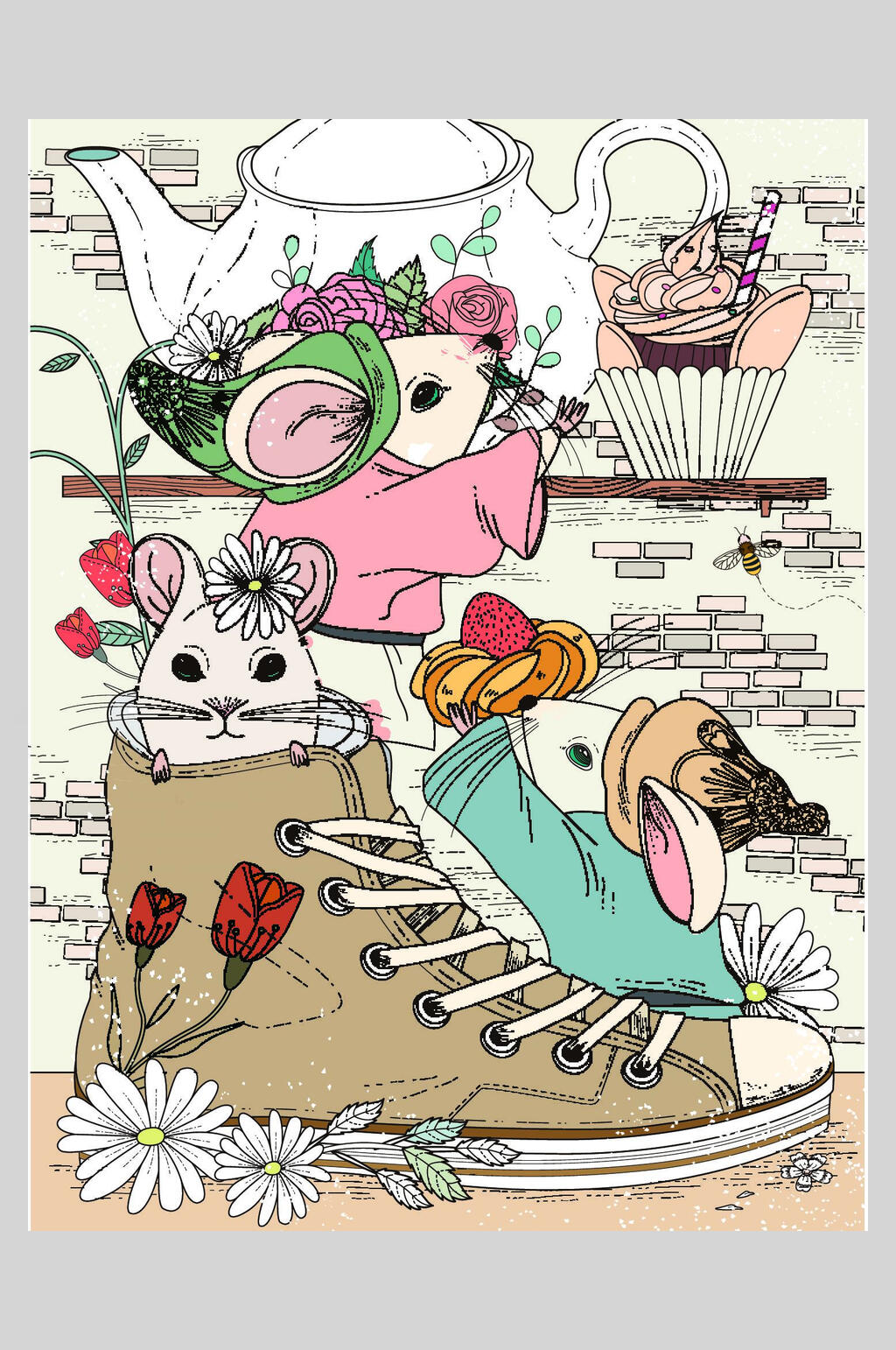 老鼠打洞线描动植物插画素材