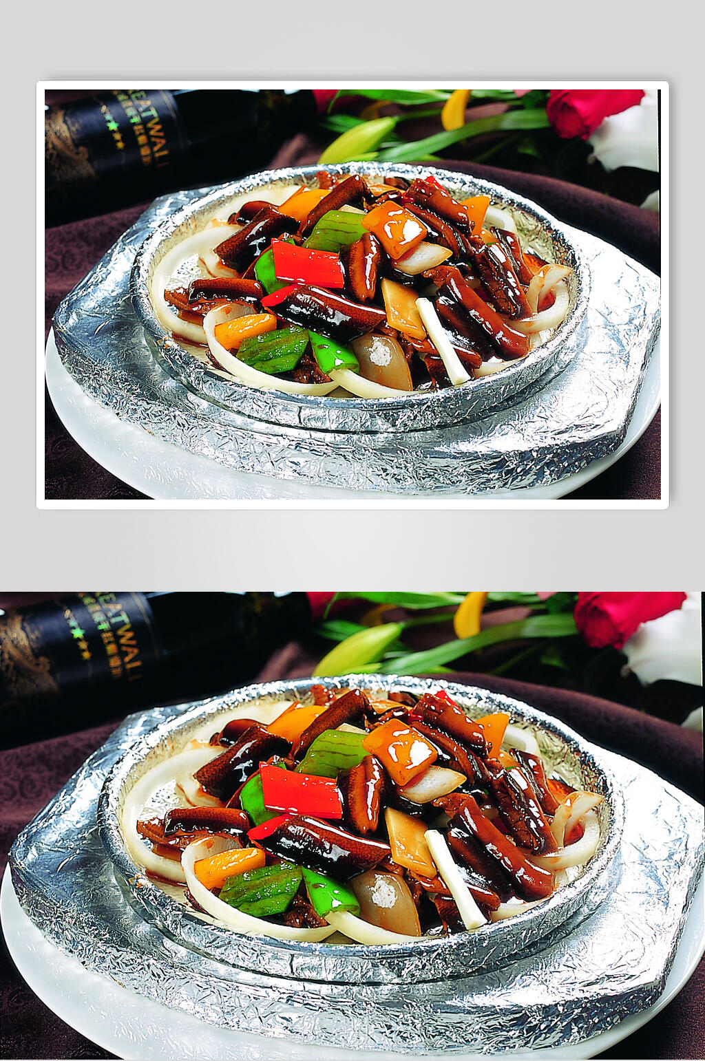 香辣铁板彩椒黄鳝片摄影图素材