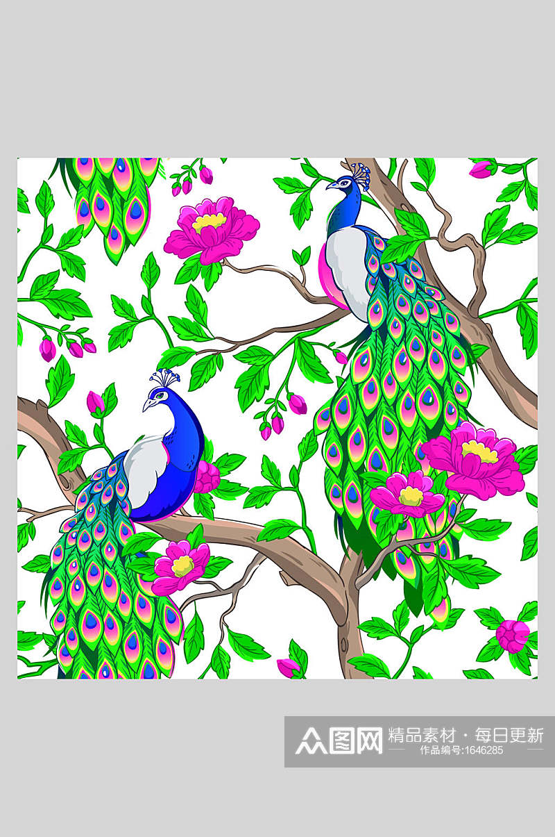 孔雀植物花鸟插画背景素材素材