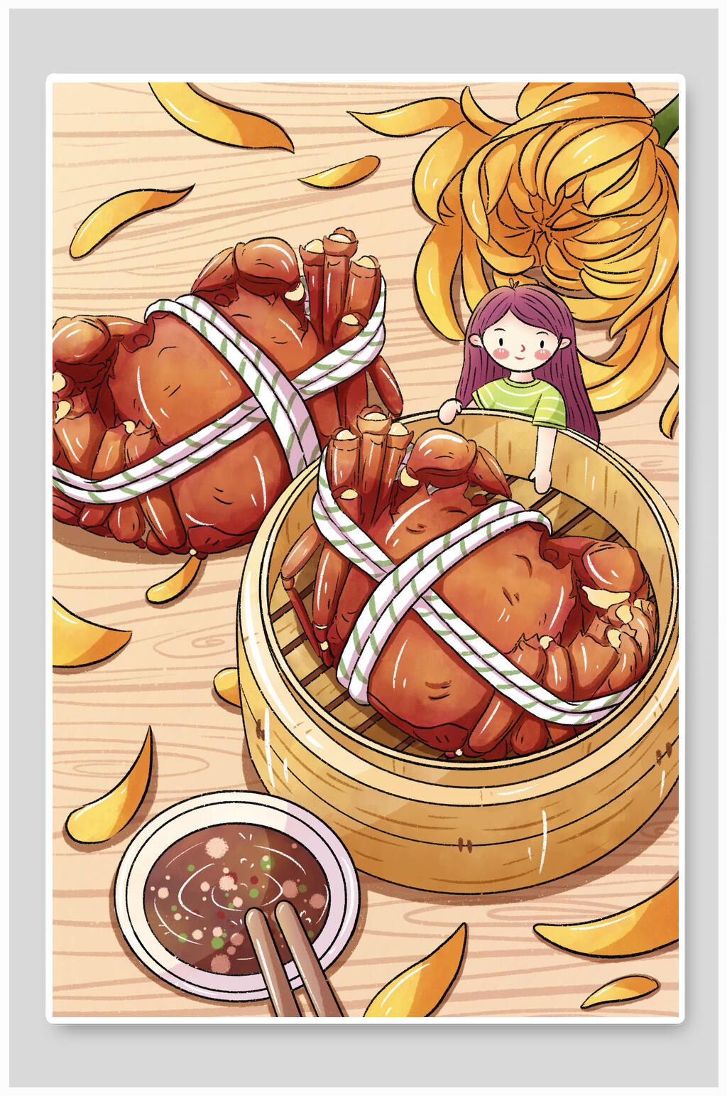 手绘大闸蟹秋季人物插画素材素材