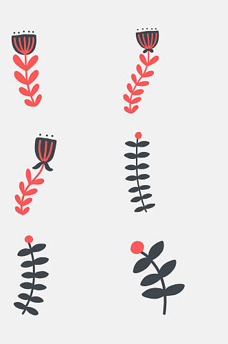 红黑花卡通北欧民族风植物花鸟元素素材