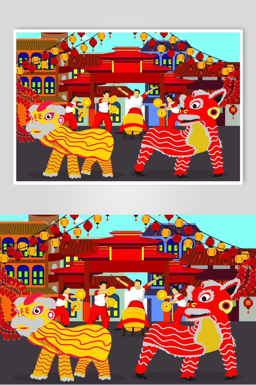 欢庆舞狮子插画素材素材