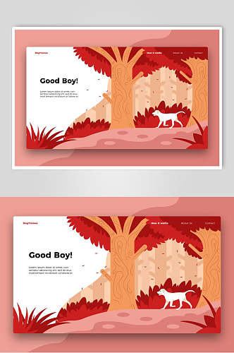 红色森林与狗插画设计素材
