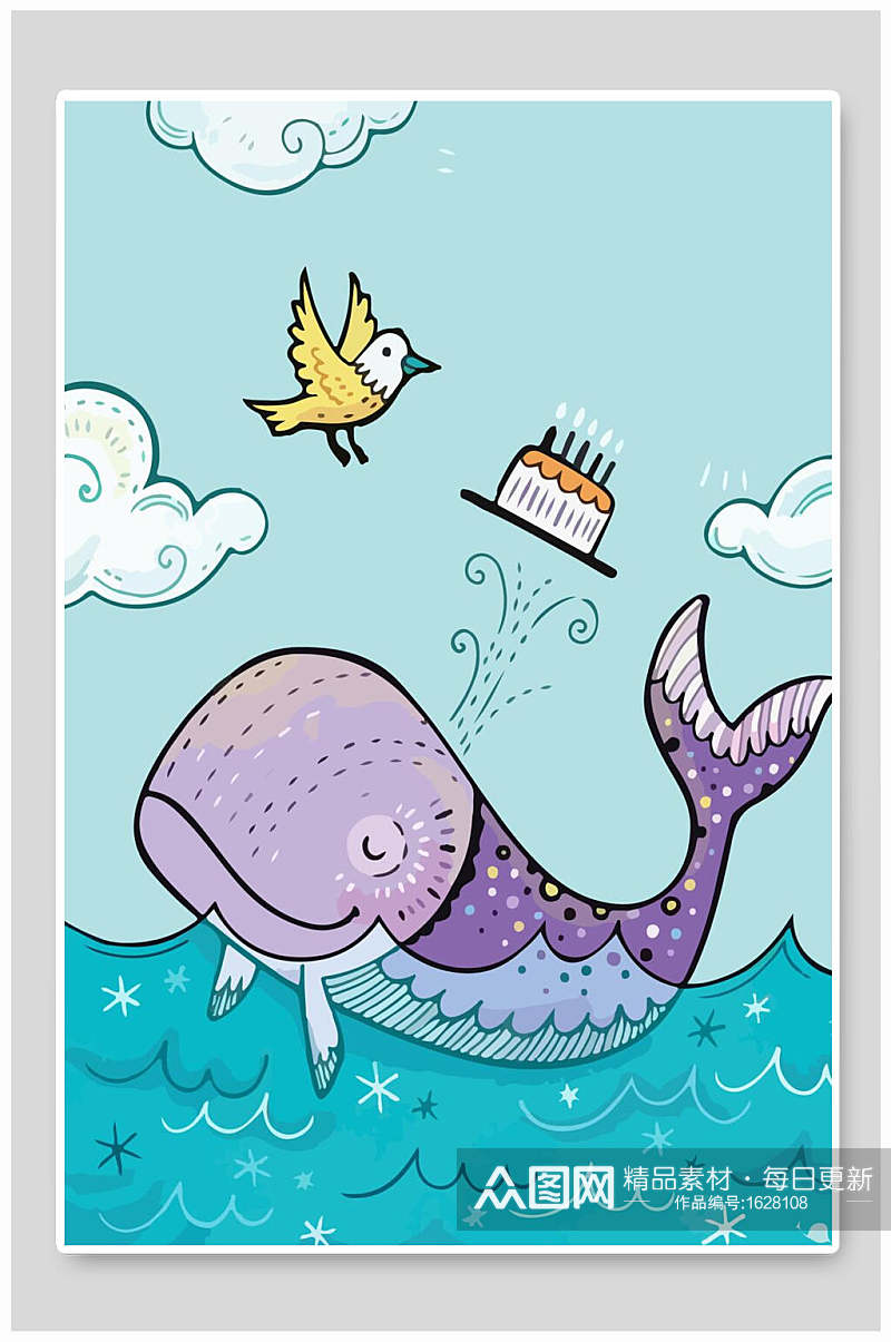 薄荷绿小清新鲸鱼生日插画设计素材
