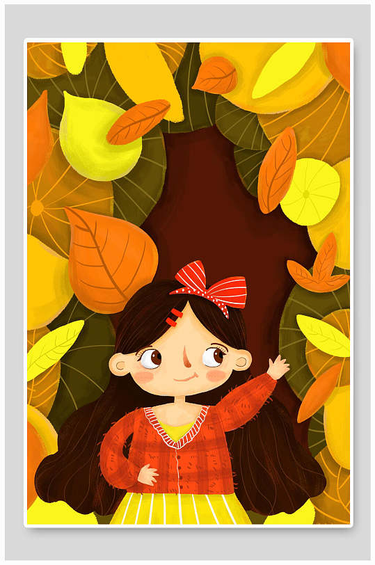 秋天卡通小女孩落叶风景手绘插画