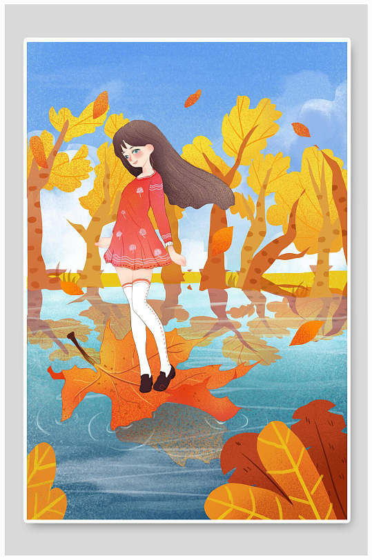 秋天落叶女孩唯美风景手绘插画