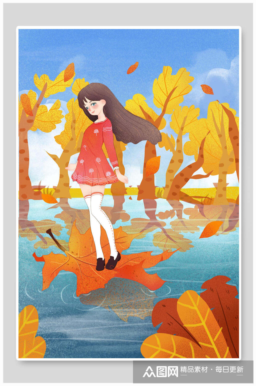 秋天落叶女孩唯美风景手绘插画