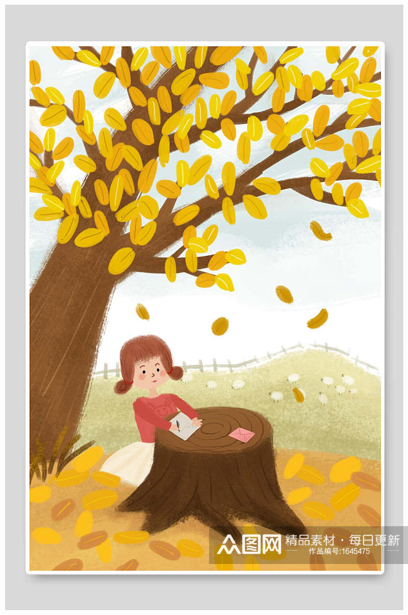 黄叶树下相思秋季人物插画素材