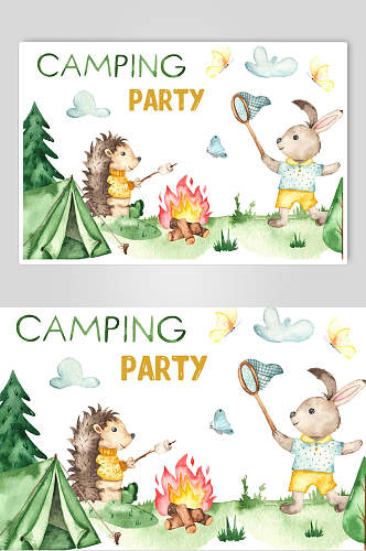 和小兔子手绘水彩森系野营露营插画