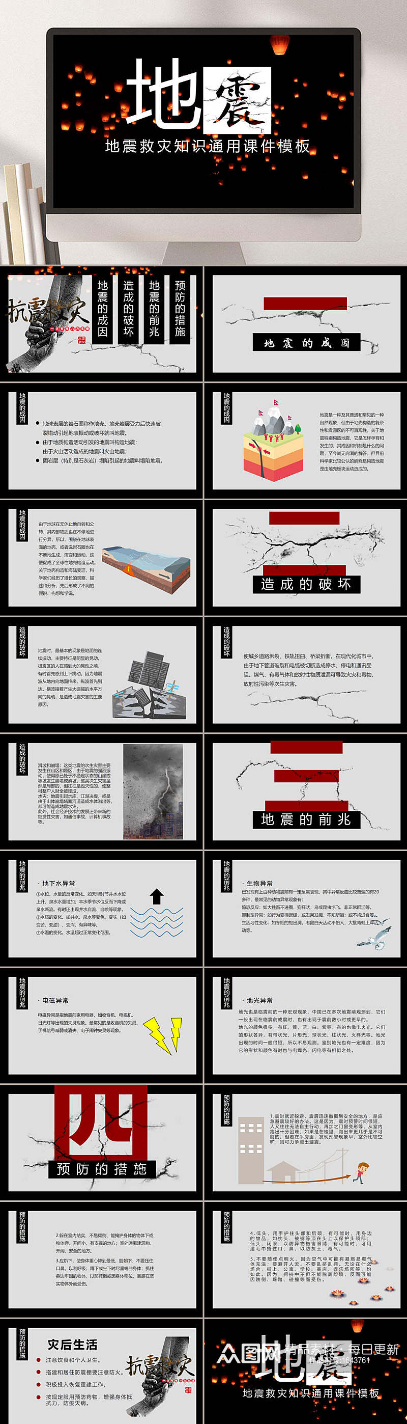 黑色防震救灾知识通用PPT课件模板素材