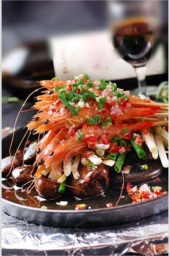 热菜铁板石烤大虾美食高清摄影图片