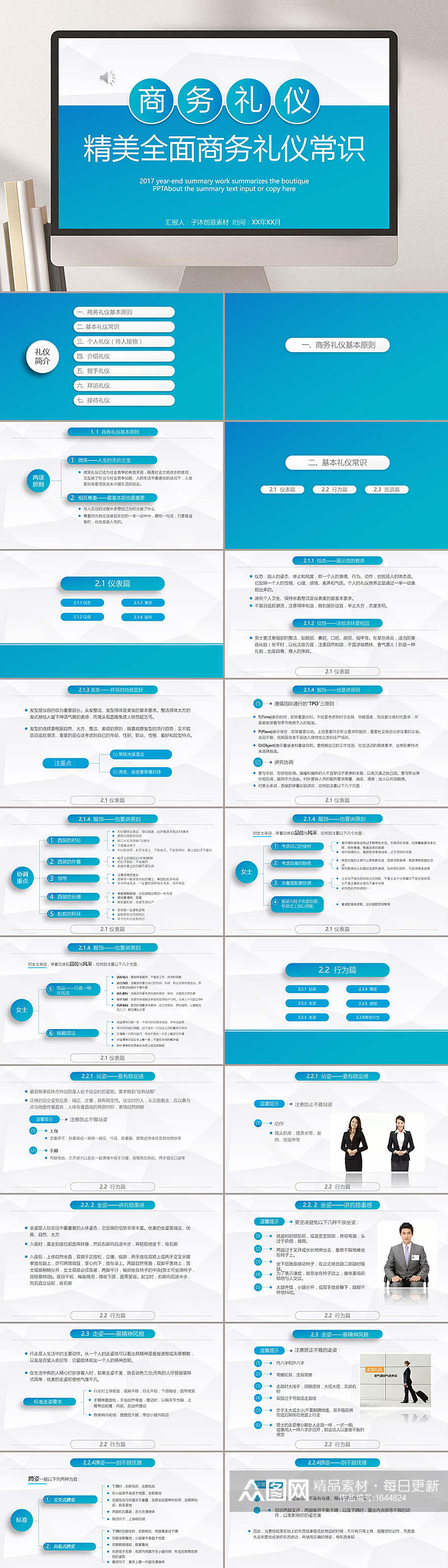 蓝色渐变商务礼仪常识培训PPT模板素材