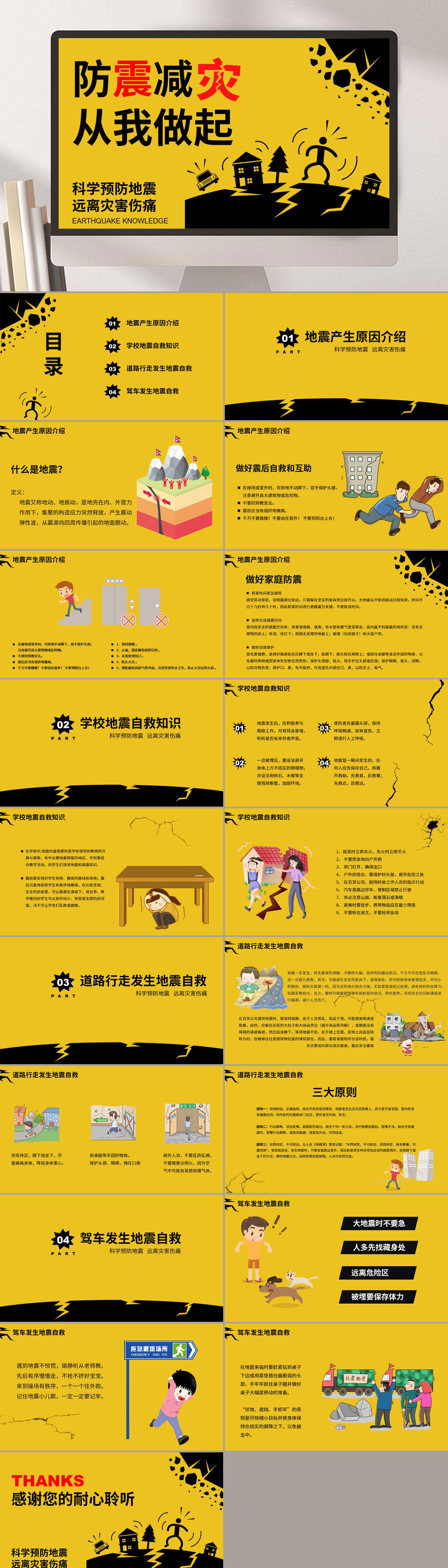 黄色防震减灾从我做起PPT素材