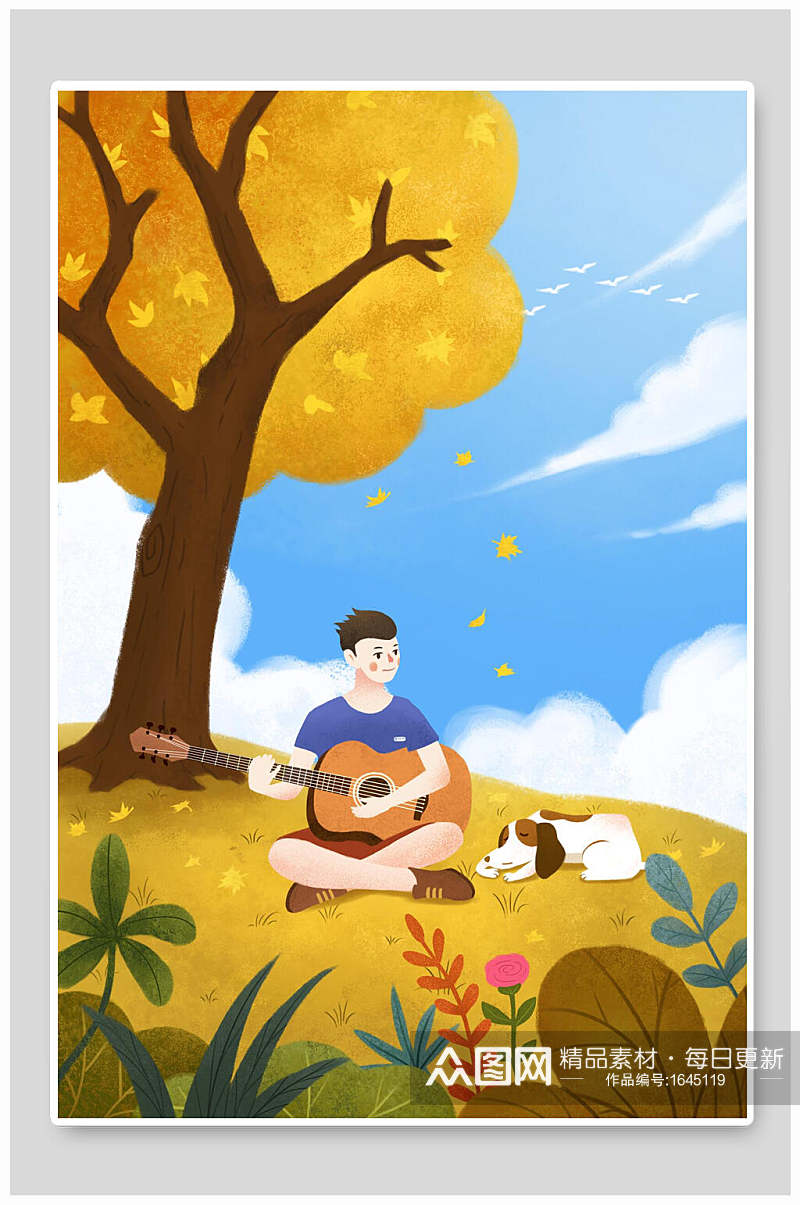 秋天风景天空男孩弹吉他手绘插画素材