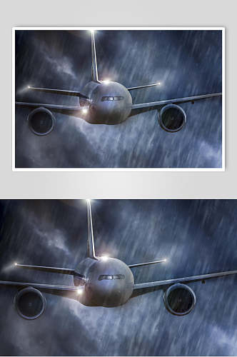 客运客机民航飞机雨夜飞行摄影图