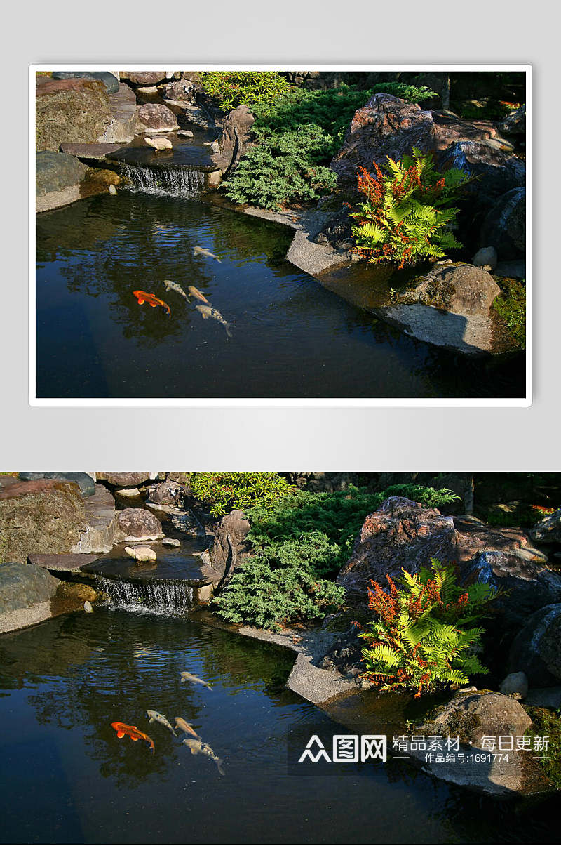私人别墅花圃池塘水池高清摄影图片素材