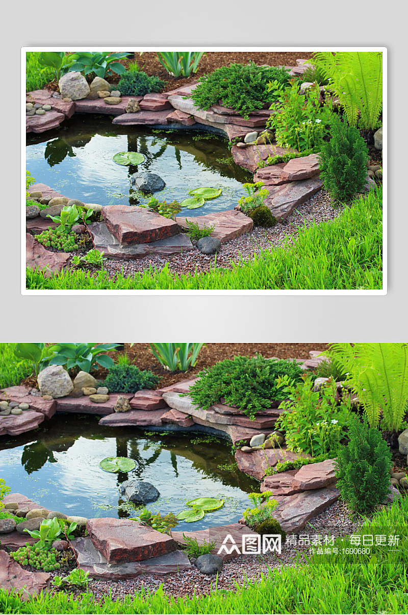 清新私人别墅花圃池塘图片素材