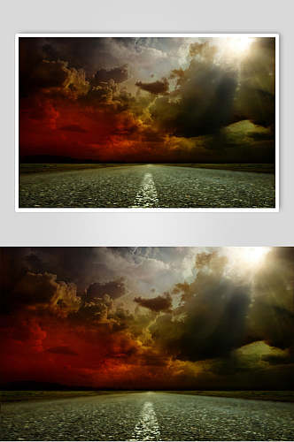 柏油公路夕阳乌云下的公路摄影图