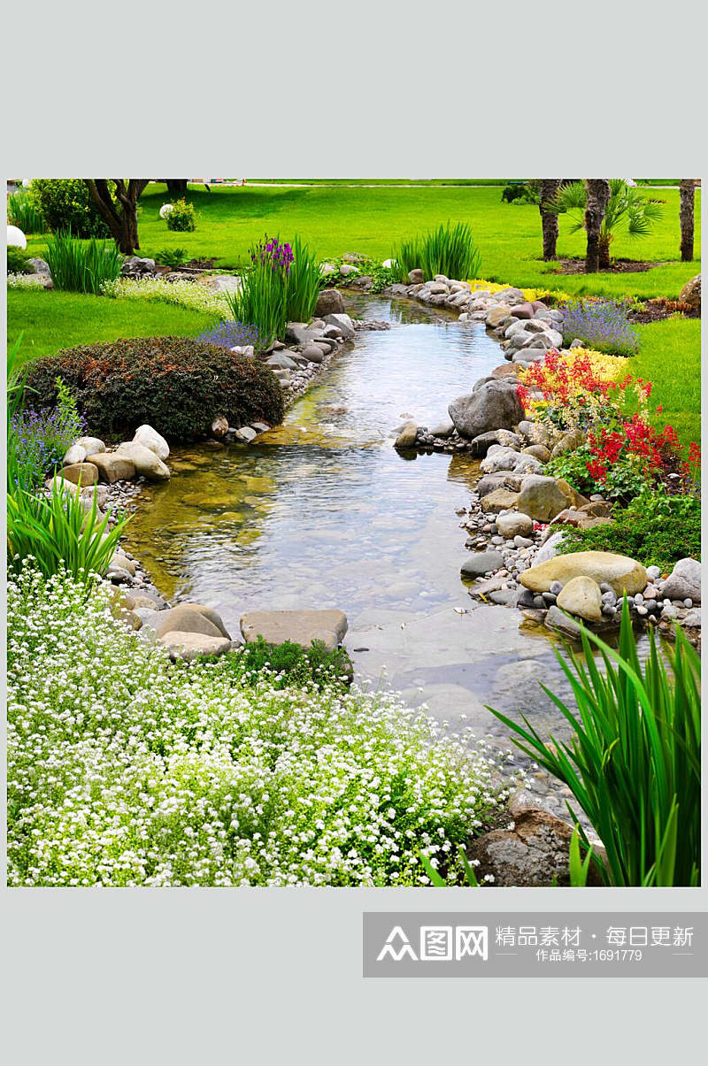 清新私人别墅花圃池塘河流高清摄影图片素材