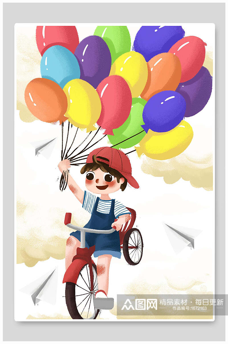 骑单车气球六一儿童节插画素材