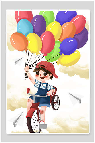 骑单车气球六一儿童节插画