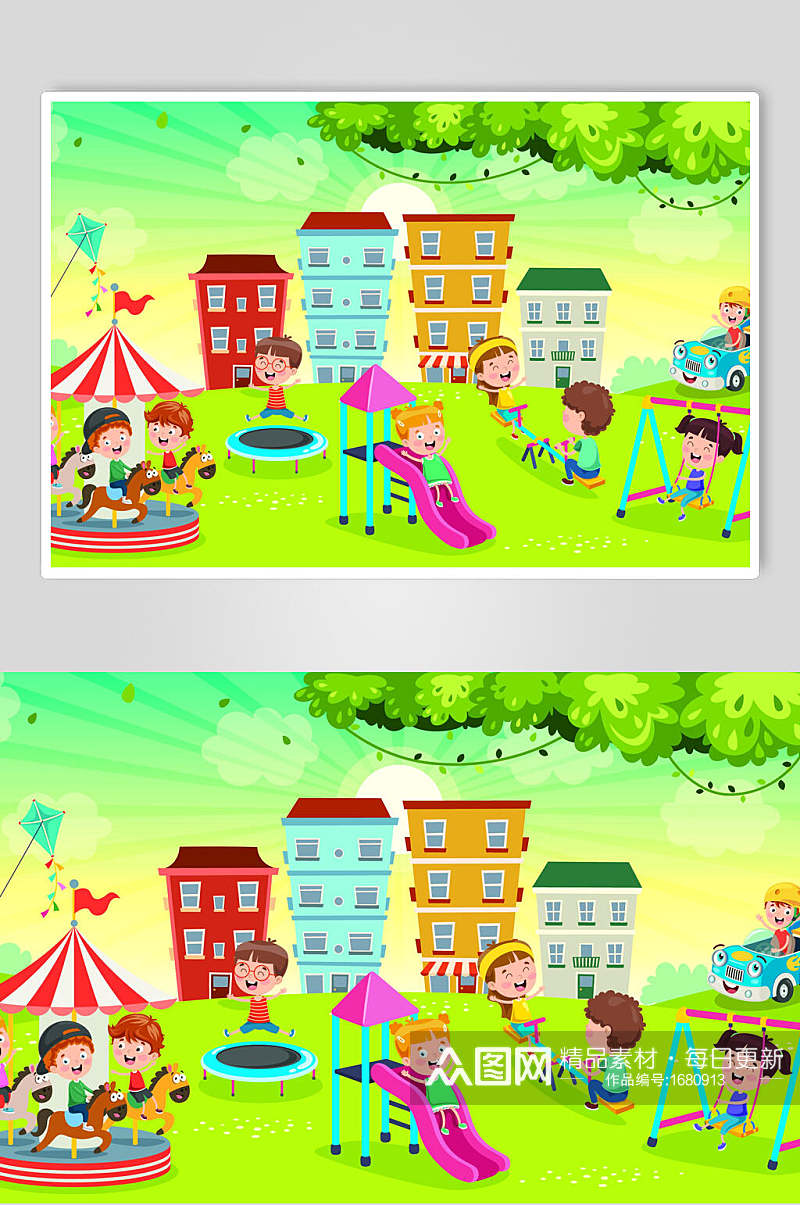 绿色儿童节游乐场卡通插画素材