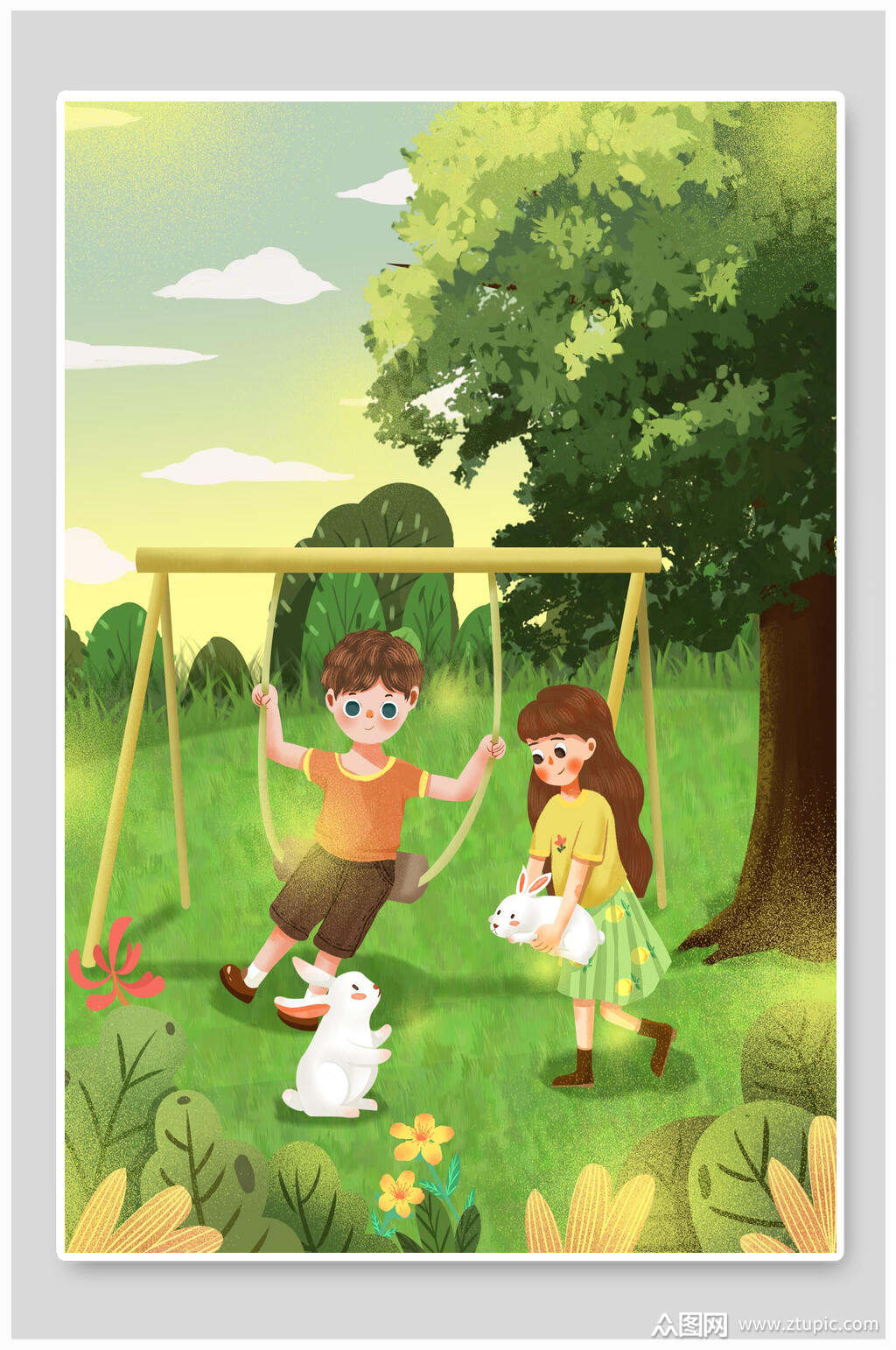 绿色森林荡秋千六一儿童节插画素材