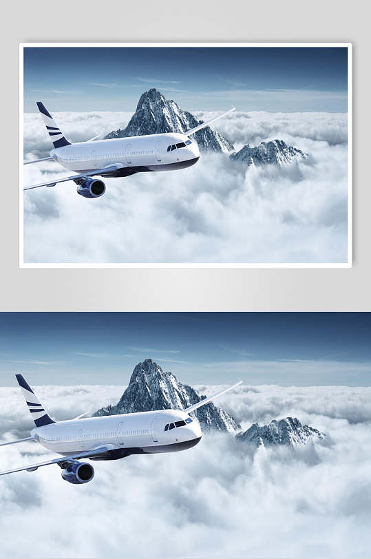 客运客机民航飞机山峦上空飞行摄影图