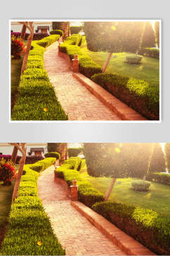 私人别墅花圃池塘红砖小路高清摄影图片