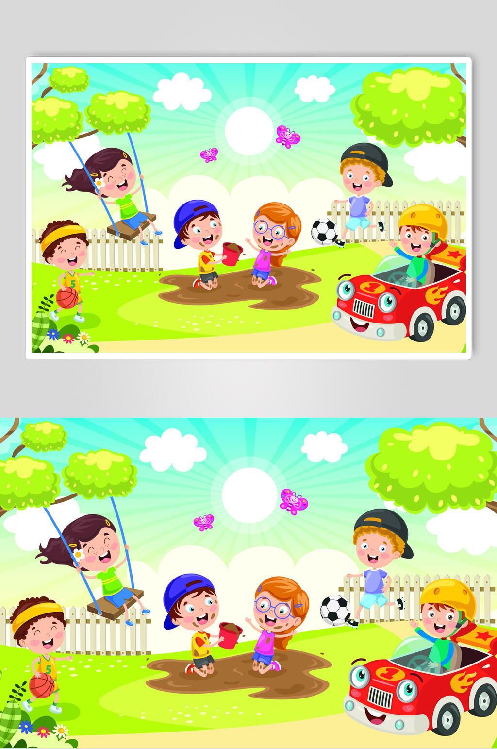 儿童节清新游乐场手绘卡通插画素材