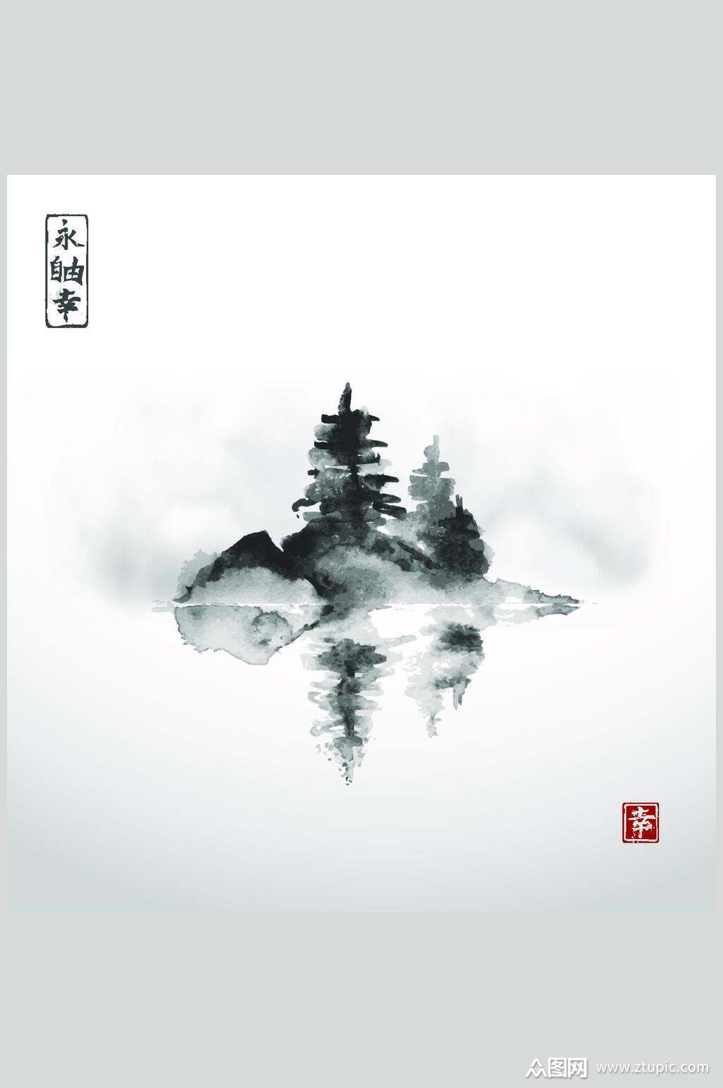 水墨画富士山山景插画元素素材模板下载-编号1754106-众图网
