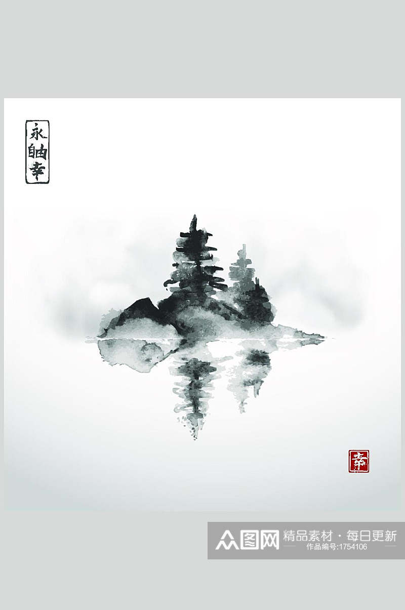 水墨画富士山山景插画元素素材素材